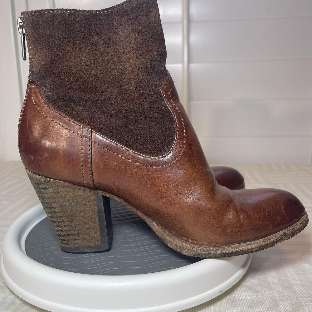 Frye Tessa Zip Short Low Boot Womens 5.5 Brown Cognac Leather Suede Cuban Heel - Picture 6 of 10